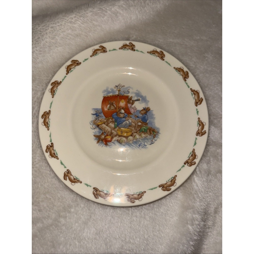 Royal Doulton Bunnykins CHILDS PLATE Raft at Sea Rabbits on RimAlbion Shape Vtg